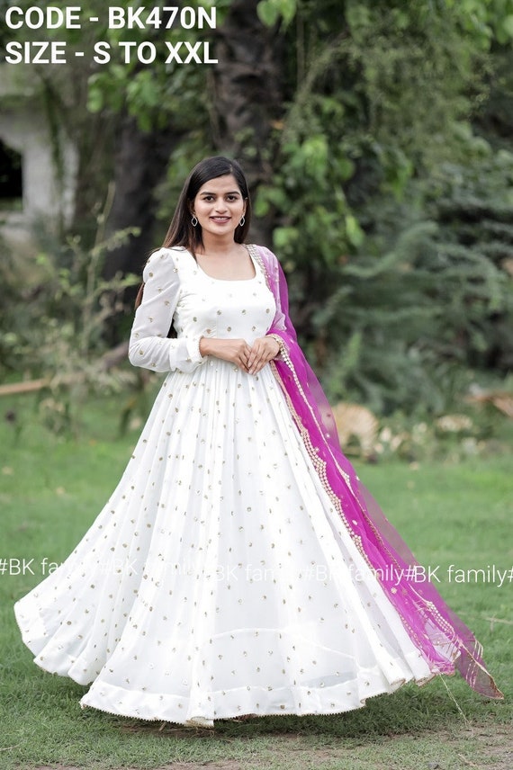 White Designer Indian Anarkali Gown In Beautiful Chikan Kari Work with –  ManMohit Fashion
