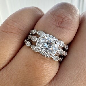 Three Piece Art Deco Bridal Set, Sterling Silver, Simulated Diamond, Round Cushion Halo, Half Eternity Band, Proposal Ring, Anniversary Set