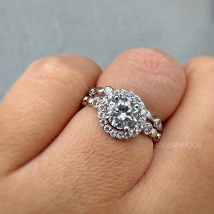 2 Piece Round Halo Bridal Set, Sterling Silver, Simulated Diamond, Wedding Ring Set, Round Halo Ring, Engagement Ring, Anniversary Set
