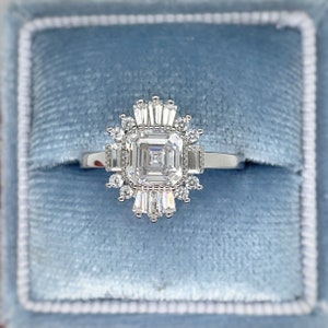 Art Deco Asscher Cut Engagement Ring, Antique Asscher Engagement Ring, Sterling Silver, Simulated Diamonds, Bridal Ring