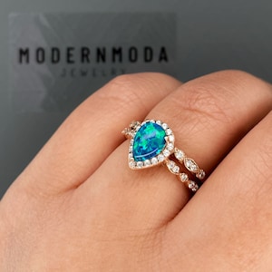 Blue Opal Bridal Ring Set, Wedding Ring Set, Wedding Ring Set, Blue Opal Ring, Blue Opal Pear Stone, Rose Gold Vermeil, Sterling Silver