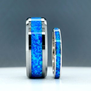 Opal Inlay Ring Set, His and Hers Ring Set, Wedding Ring Set, Tungsten Ring Set, Stackable Ring Set, Opal Ring, 8mm Tungsten Ring, 2mm Ring