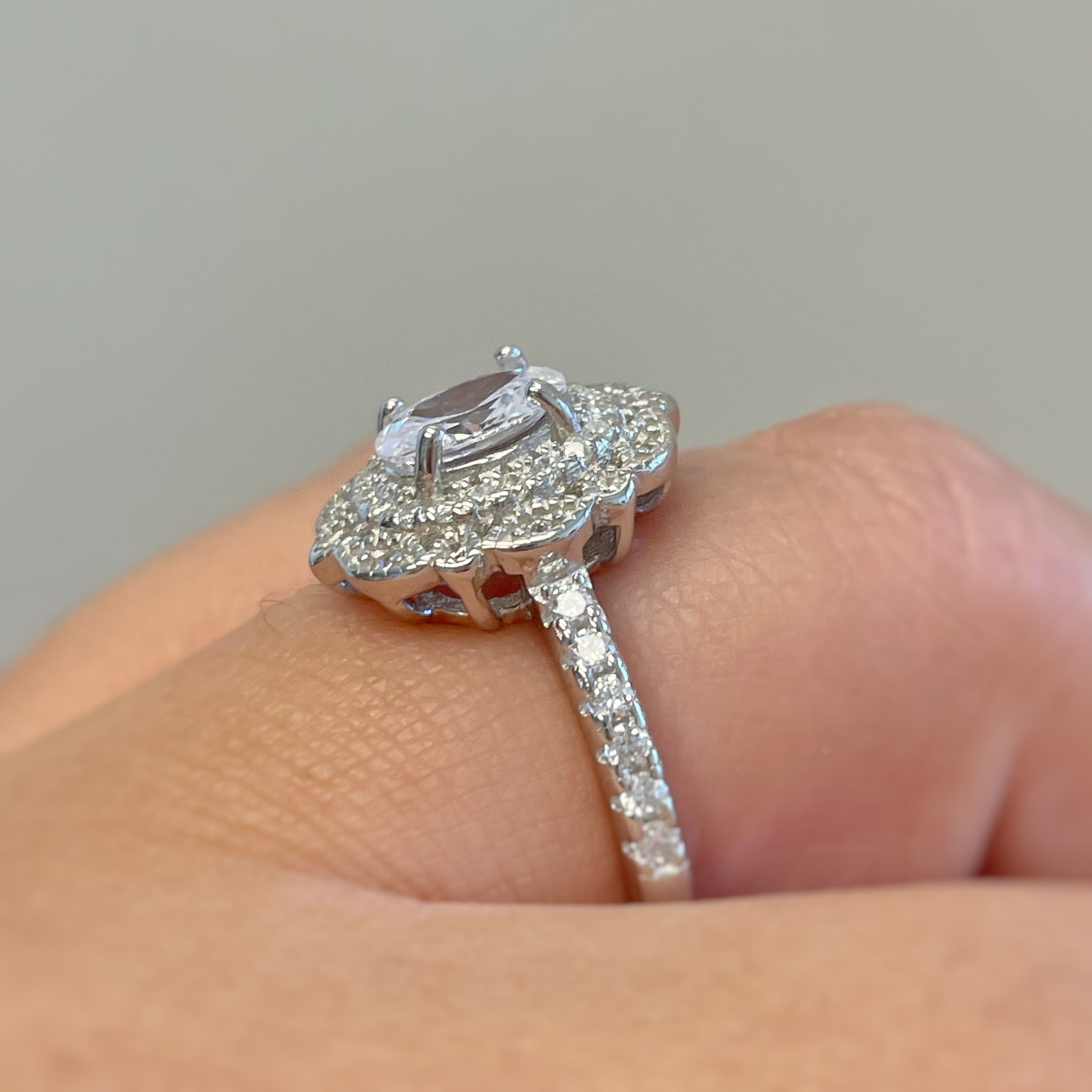 Art Deco Engagement, Oval Engagement Ring, Sterling Silver, Simulated