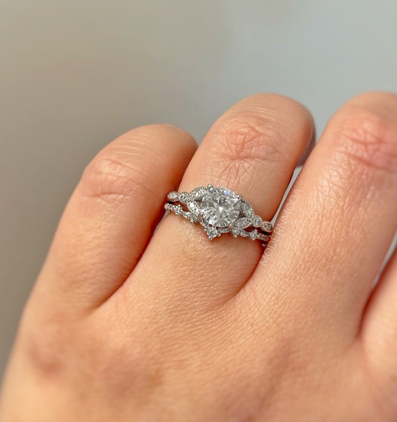 Art Deco Bridal Set Dainty Bridal Set Sterling Silver Simulated Diamonds Art Deco Bridal Ring Set Chevron Band Etsy Canada