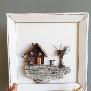 Handgefertigter Rahmen, Treibholz Kunst, Küstenhäuser, Wanddekoration, Geschenk, Souvenir