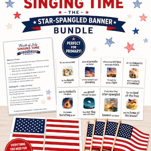 May include: A Fourth of July Singing Time bundle featuring a teacher guide, an eight-piece set of song lyric cards with illustrations, a four-piece flag puzzle, and four handheld American flag wavers. The set includes text and patriotic imagery.