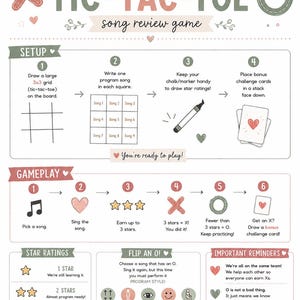 May include: A Primary Program Tic-Tac-Toe song review game instructional poster. The design features a 3x3 grid, numbered setup steps, gameplay instructions, star ratings, and flip an O rules. The color palette includes soft pink, sage green, and black text.
