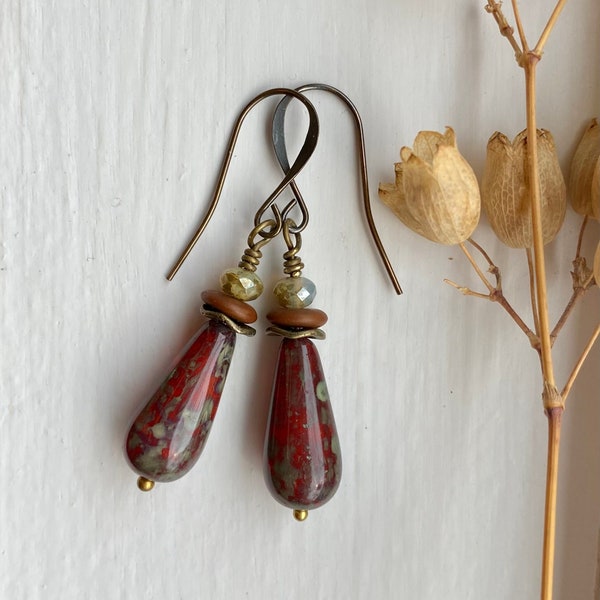 new world ~ earthy red teardrop earrings ~ bohemian earth tone jewelry ~ burgundy maroon sage earrings ~ unique jewelry gift ~ gift for mom