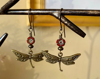 storybook ~ fairytale dragonfly earrings ~ romantic deep red flower earrings ~ bohemian fairy earrings ~ art nouveau boho earrings