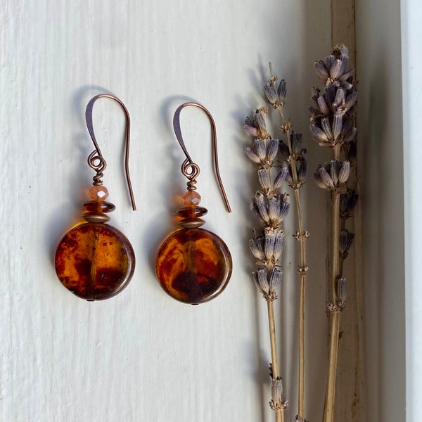 peach tea ~ simple amber bohemian earrings with milky coral orange and antique copper ~ earthy cottagecore earrings ~ mother’s day gift