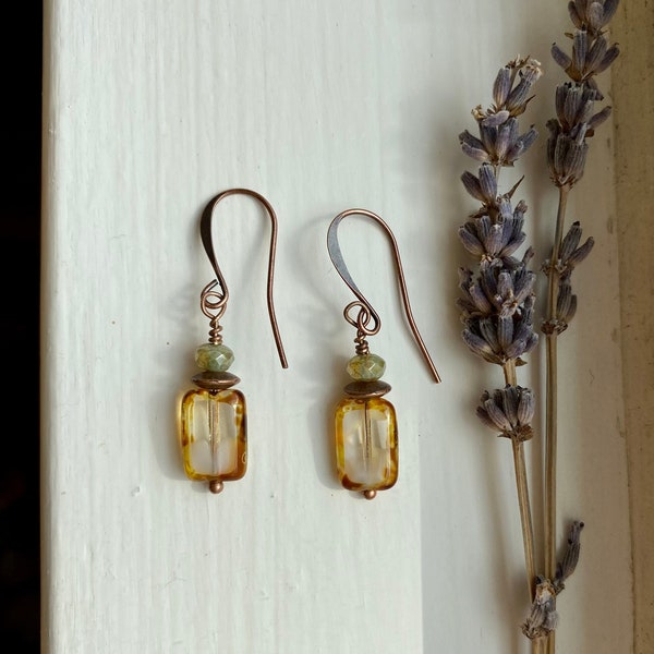 drops of jupiter ~ small earthy bohemian earrings ~ milky glass earrings ~ caramel cream sage green earrings ~ simple boho copper jewelry