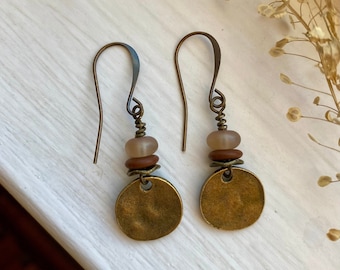 dusty roads ~ antique brass disc earrings with creamy rose, matte terracotta, and antique bronze accents ~ small neutral boho earrings