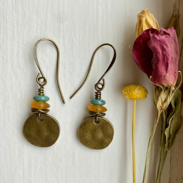 after the storm ~ small bohemian disc earrings ~ earthy hippie jewelry ~ boho brass disc earrings with yellow and turquoise