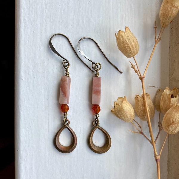 agape ~ sweet vintage earrings ~ upcycled jewelry ~ creamy pink orange earrings ~ unique boho jewelry ~ antique brass teardrop earrings
