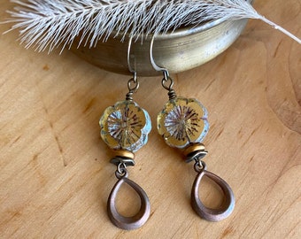 prairie ~ sweet topaz yellow flower bead dangle earrings with antique bronze, antique gold, and brass teardrop dangle accents