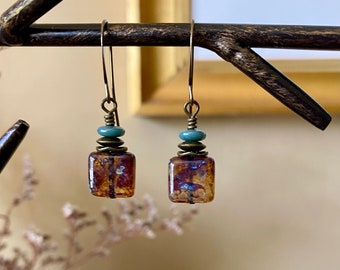 lakeside ~ earthy brown and turquoise blue bohemian earrings ~ tortoise shell jewelry ~ boho cottagecore jewelry ~ small dangle earrings