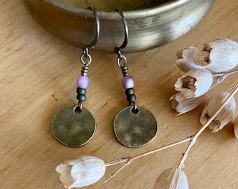 nomad ~ small boho antique brass disc earrings with dark olive green and pink dusty rose accents ~ everyday bohemian earrings