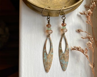 chance ~ long oval aged brass hoop earrings ~ sky blue dusty rose earrings ~ goddess bridal jewelry ~ boho fairy earrings