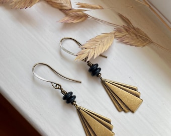 midnight ~ black and gold feminine earrings ~ art deco dangle earrings~ small boho artsy earrings ~ gift for her ~ vintage inspired jewelry