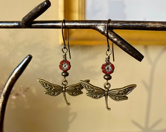 storybook ~ romantic fairytale bronze dragonfly earrings with deep rose red flower beads and earthy antique brass accents