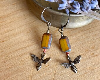 gardener ~ earthy yellow bee earrings ~ antique brass bee jewelry ~ summer garden party jewelry ~ boho insect earrings ~ gift for her