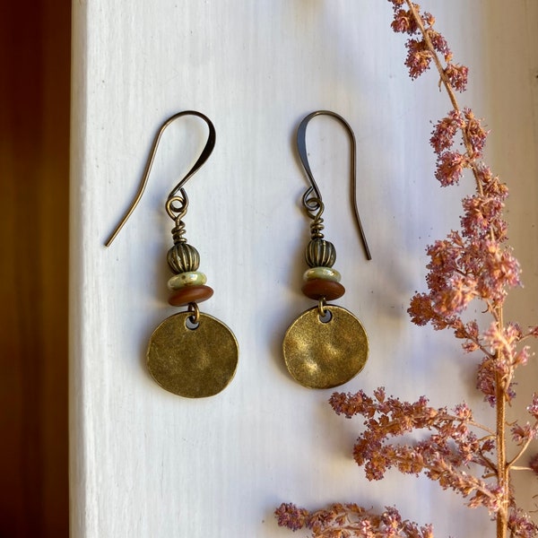 vagabond ~ small rustic boho antique brass disc earrings with red terracotta, light green, and antique brass accents ~ earth tone earrings