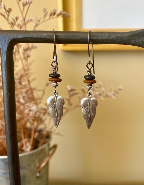 rebel ~ antique silver leaf earrings with black, terracotta and gunmetal ~ boho silver jewelry ~ edgy boho silver earrings ~ artsy earrings