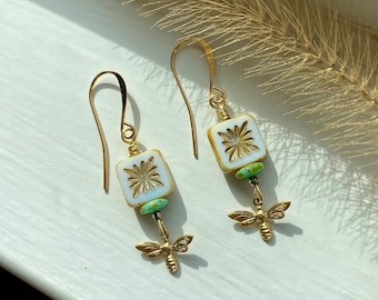 greek isles ~ white and turquoise blue earrings with small golden honeybee ~ bee dangle earrings ~ santorini earrings ~ vacation jewelry