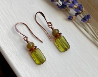 aloe ~ earthy green glass rectangle bead earrings with dark amber and olive green accents ~ small boho earrings ~ gift for her