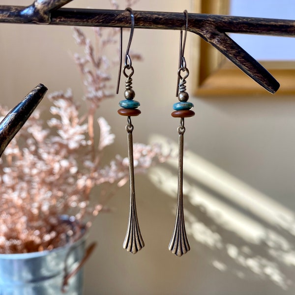 freethinker ~ long art nouveau style flare dangle earrings with matte terracotta, turquoise, and antique brass accents ~ earth tone earrings