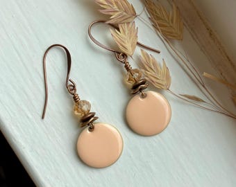 marrakech ~ pale pink enameled copper boho disc earrings ~ vintage look, spring summer jewelry ~ boho colorful disc earrings ~ gift for her