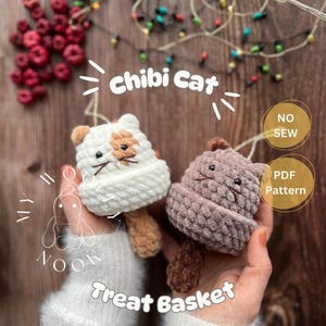 No-Sew Chibi Cat Christmas Tree Ornament Crochet Pattern • Treat Basket (PDF English)