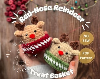 No-Sew Red-Nose Reindeer Christmas Tree Ornament Crochet Pattern • Treat Holder (PDF English)