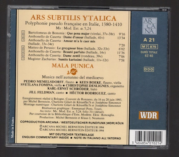 Mala Punica – Ars Subtilis Ytalica. Polyphonie Pseudo Francaise En Italie, 1380 - 1410. France 1994 Arcana – A 2 Mala Punica – Ars Subtilis Ytalica. Polyphonie Pseudo Francaise En Italie, 1380 - 1410. France 1994 Arcana – A 2