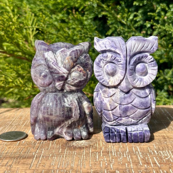 Chevron Amethyst + Silky Fluorite Natural Crystal Owl Carvings | Owl Crystal Carvings | Owls | Crystal Owl