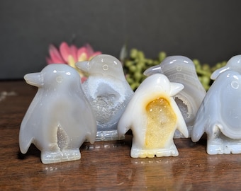 Penguin Natural Crystal Carvings | Crystal Penguins | Druzy Agate Stone | Natural Crystals | Metaphysical Decoe