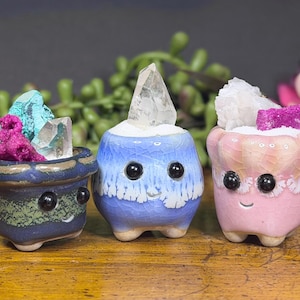 Adorable Natural Crystal Pet Pots | Crystal Groots | Crystal Buddies | Raw Crystals | Quartz | Kyanite | Malachite | Crystal Pets