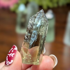 May include: A light green, translucent crystal with a pointed tip. The crystal has internal patterns and inclusions, held between fingers. The background is blurred, with hints of other crystals and greenery.