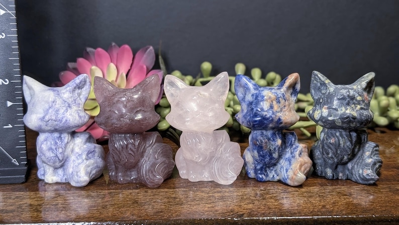 May include: Five carved crystal cat figurines in various colors: blue, purple, pink, blue and white, and gray. Each cat is sitting with its tail curled. The background includes a pink flower and green plants.