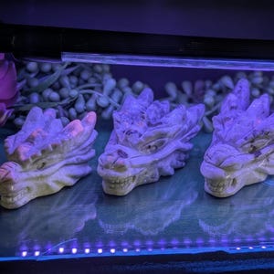 May include: Three carved stone dragon heads in a row, each with detailed scales and open mouths. The dragons are a mix of cream and purple hues, with a hint of pink. The background includes a purple flower and greenery.