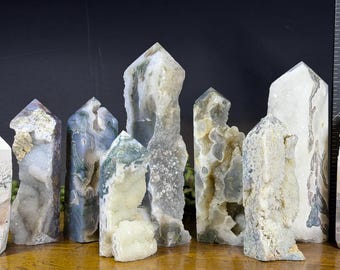 Druzy Moss Agate Natural Crystal Towers | Moss Agate Crystal | Crystal Points | Crystal Decor | Metaphysical Gift