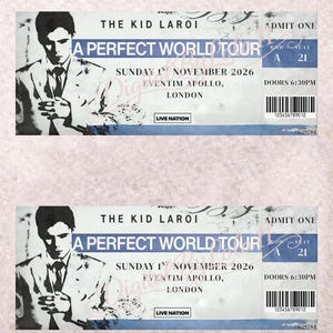 May include: Two souvenir concert tickets for The Kid Laroi's "A Perfect World Tour", featuring a black and white image of the artist. The tickets are blue and white, with the date, venue, and "Admit One" text.