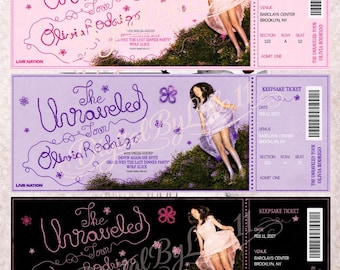 Modello di biglietto per il tour "The Unraveled" di Olivia Rodrigo (3 versioni), biglietto per concerto da conservare come ricordo, download stampabile da Canva