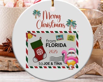 Personalized Florida Christmas Ornament, Tropical Santa, Beach Holiday