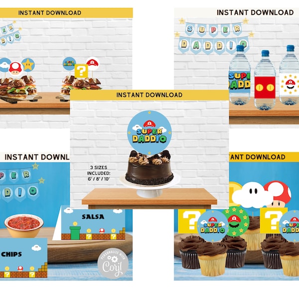 INSTANT DOWNLOAD Super Daddio Father's Day Party Bundle / Banner, Cupcake Toppers, Coupon Book and More / Super Mario Inspired / Gamer Dad
