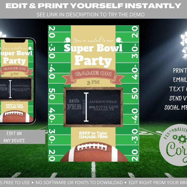 EDITABLE Super Bowl Party Invitation / Printable / Football Game / Game On / Super Bowl Watch Party Instant Download 4002
