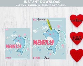 INSTANT DOWNLOAD You're Totally Narly Valentine's Day Cards / Class Valentines / Candy Valentine / Non Candy Valentine / Narwhal Themed