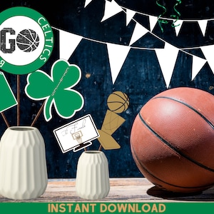 INSTANT DOWNLOAD Boston Celtics Centerpiece / Boston Jersey / Green and White / Celtics Clover / Basketball Finals / Party Table Decor