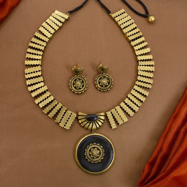 Handcrafted Terracotta Statement Necklace and Earrings Set - Bold Geometric Design with Antique Golden Accents | Sustainable Fashion Jewelry