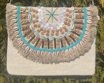 Boho Crossbody Bag: Embroidered Clutch with Shell Accents